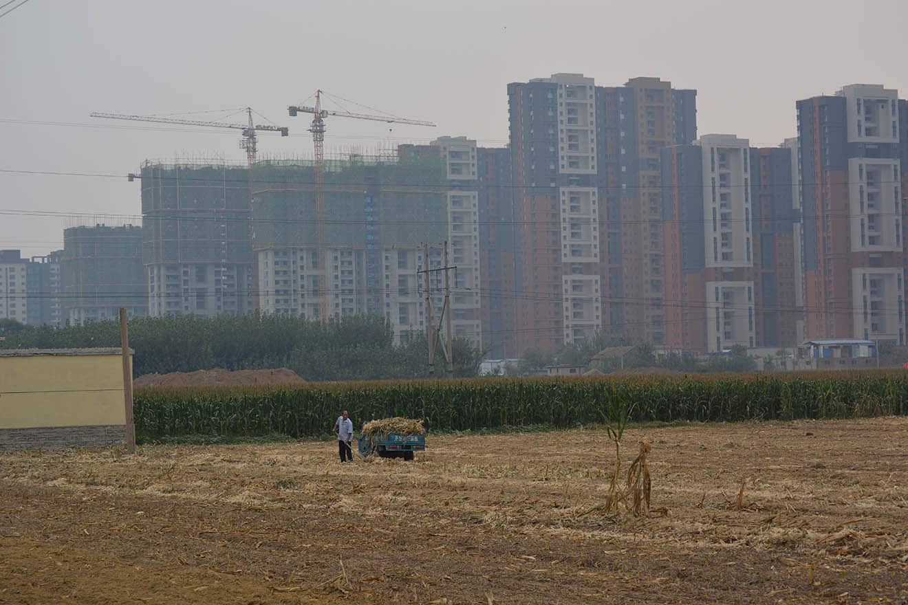 A farmer in the foreground in a hayfield, buildings being constructed in the background.